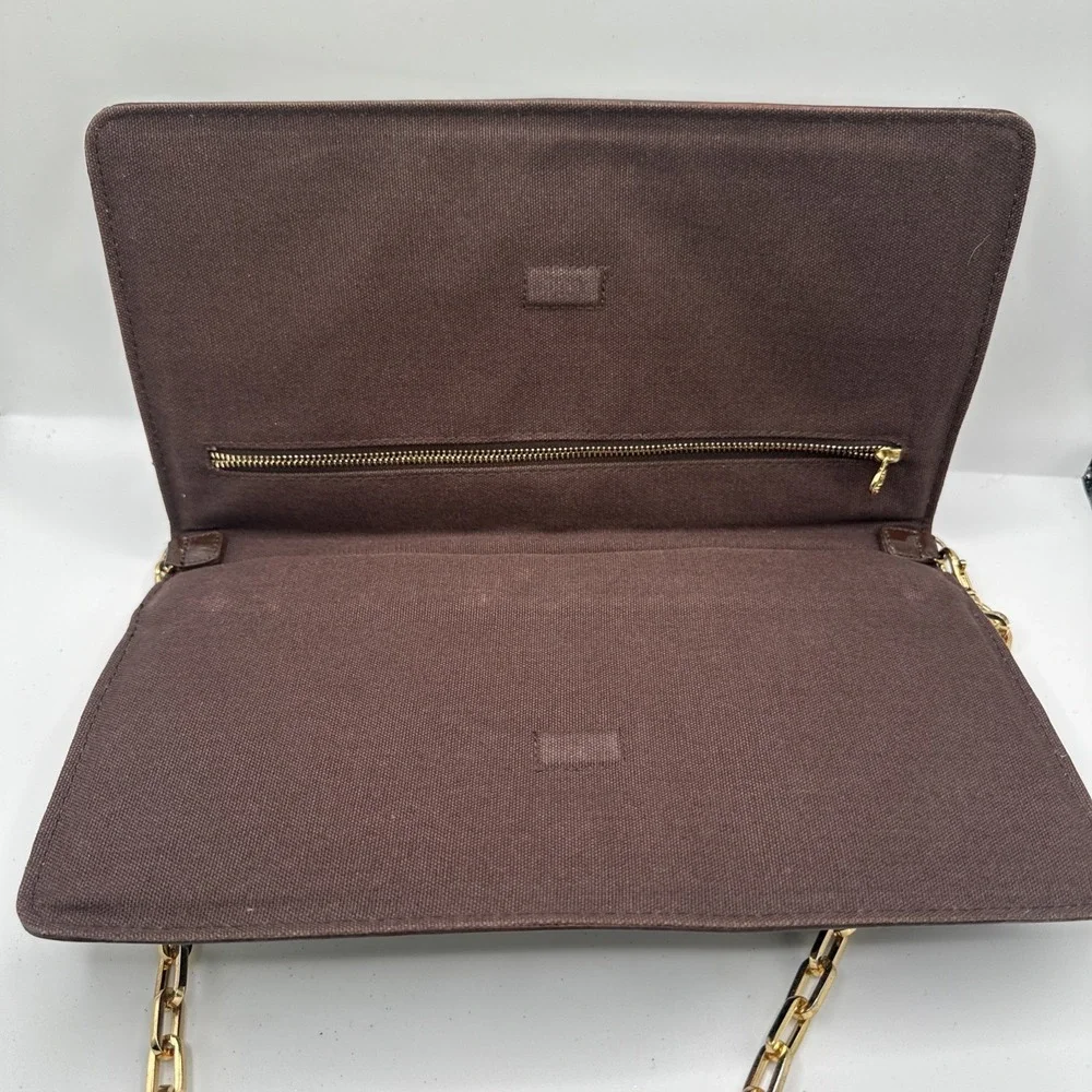 Tory‎ Burch Reva Brown Blue Yellow Embroidery Sequin Clutch Chain Strap RARE